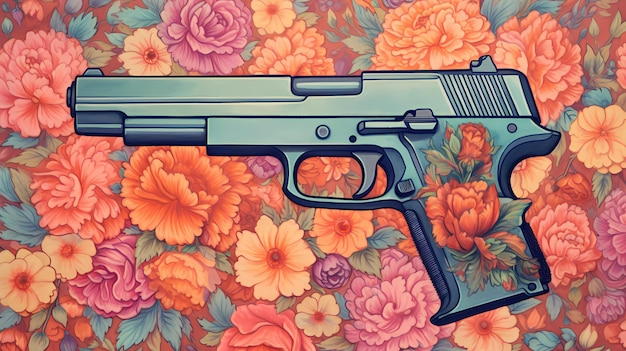 A colorful drawing of a gun on a floral background.