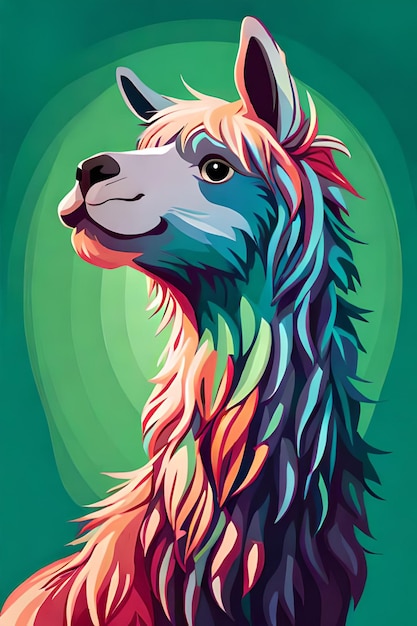 A colorful drawing of a llama with blue eyes and a rainbow scarf