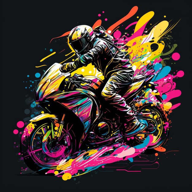 A colorful drawing of a motorcycle with a rider on it.