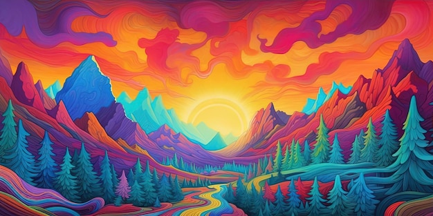 a colorful drawing of mountains and trees in the sky in the style of psychedelic graphic design