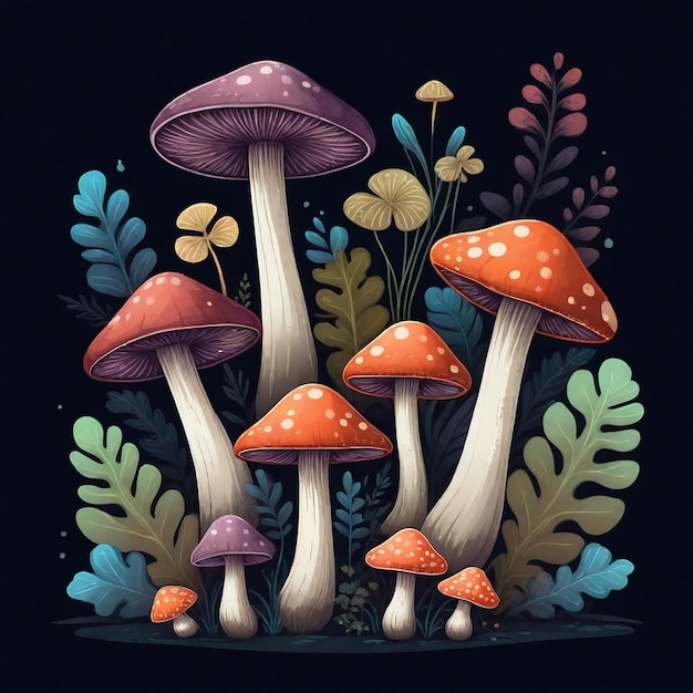 a colorful drawing of mushrooms and leaves with a blue background