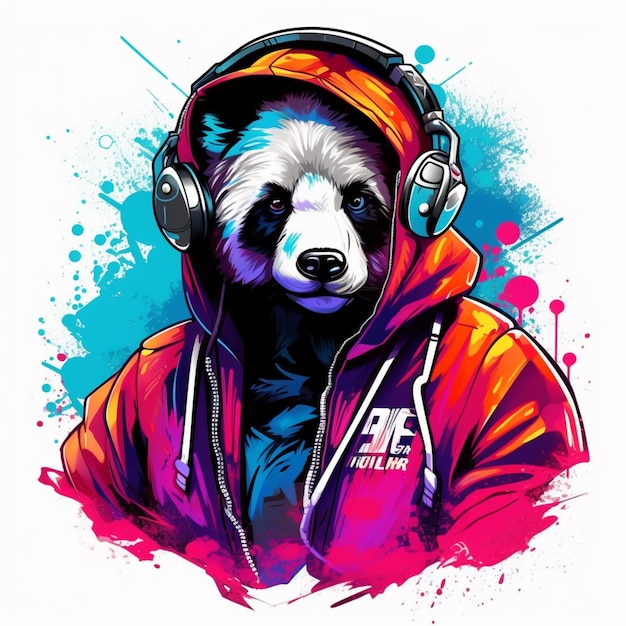 A colorful drawing of a panda with a red hoodie and headphones.