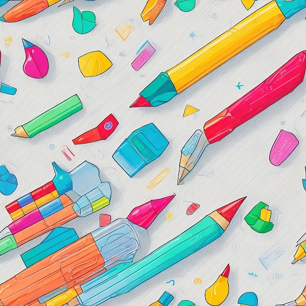 A colorful drawing of a rocket with a blue pencil on it