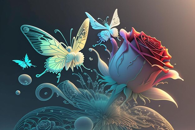 A colorful drawing of a rose and butterflies