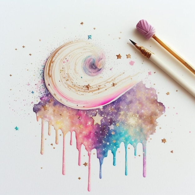 A colorful drawing of a spiral with a brush next to it.