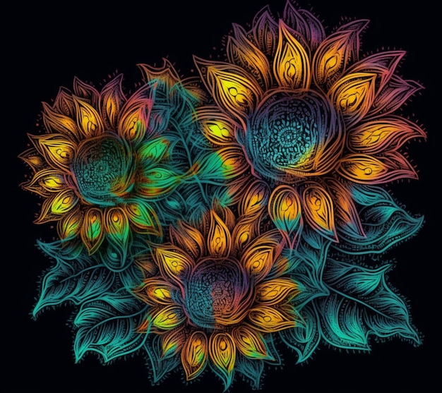 A colorful drawing of a sunflower with a black background.