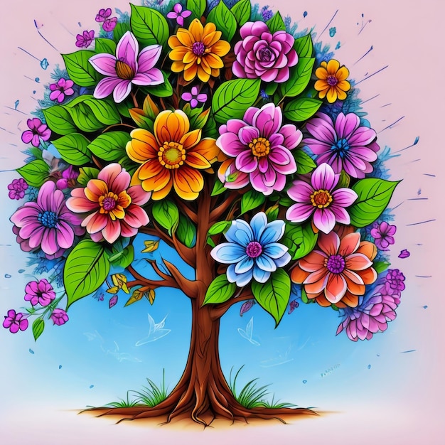 A colorful drawing of a tree with flowers and leaves on it.