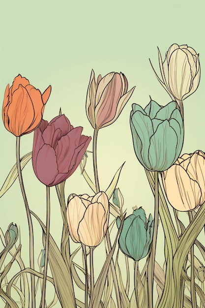 A colorful drawing of tulips in a field with the title'tulips'on it.