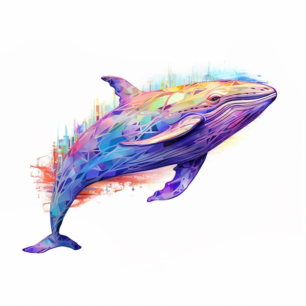 A colorful drawing of a whale that is jumping out of the water.