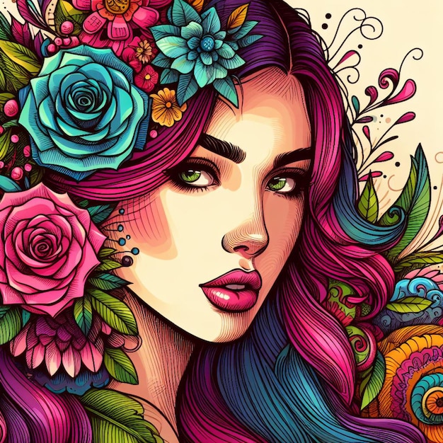 Foto disegno colorato di una donna con i fiori nei capelli