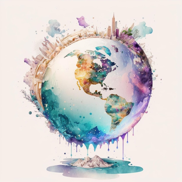 A colorful drawing of a world globe with the city in the background.