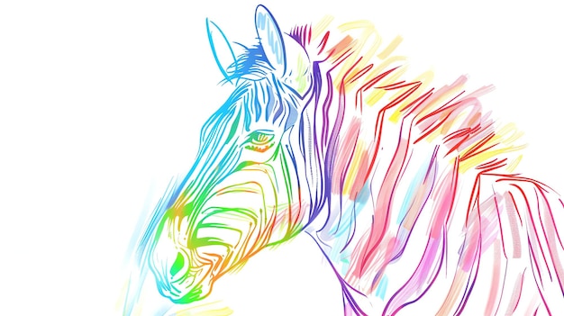 Photo colorful drawing of a zebras head the mane is made up of bright rainbow colors