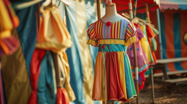 Colorful dresses hanging on a clothesline in a row showcasing a variety of hues and patterns against