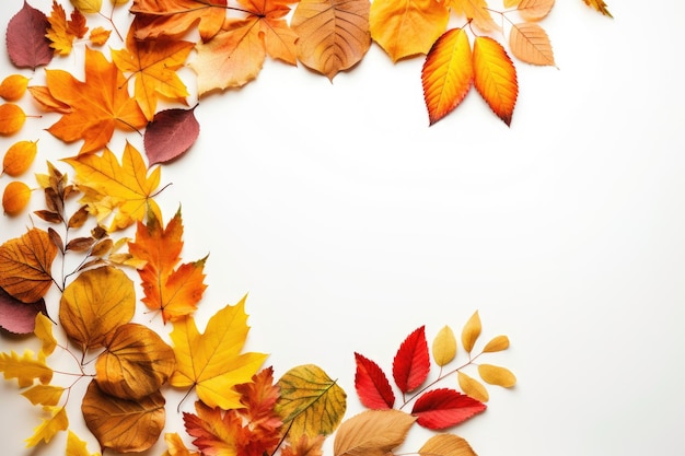 Colorful dried autumn leaves creating a beautiful autumn frame viewed from above against a backdrop