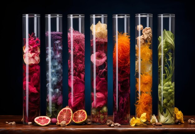 Colorful dried flowers in test tubes on wooden table over dark background