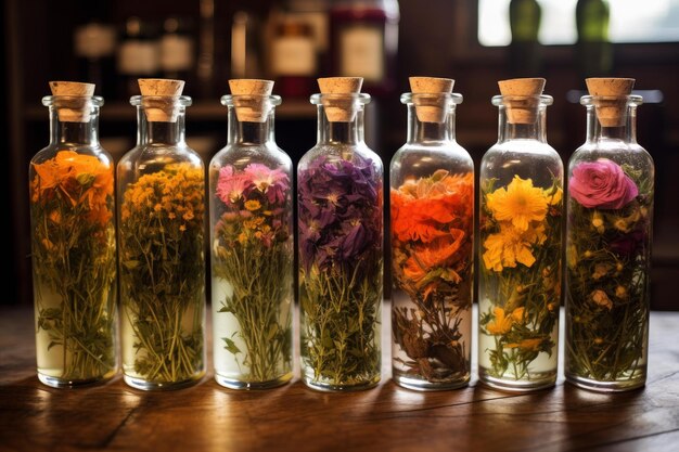 Colorful dried flowers in transparent glass bottles