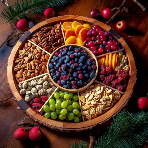 Photo colorful dried fruit and nut platter on wooden board