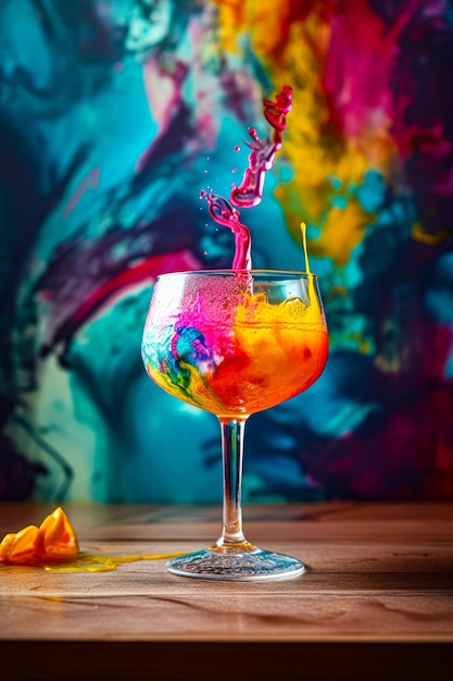 Разноцветный напиток наливают в стакан с кусочком фруктов на боку Генеративный ИИ