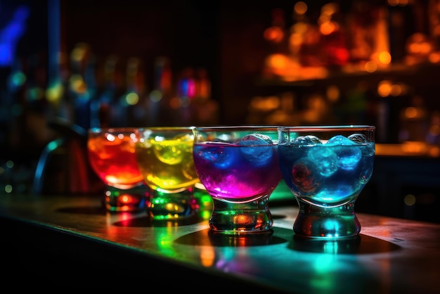 A colorful drink in a glass with rainbow colored ice cubes