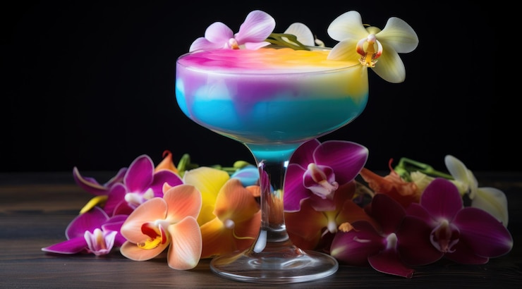 Photo 花を背景にしたカラフルなドリンク