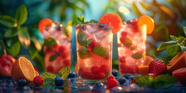 A colorful drink with a garnish of mint and strawberries is served in a glass