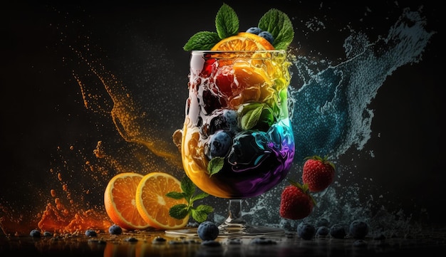 A colorful drink with a rainbow colored liquid in it