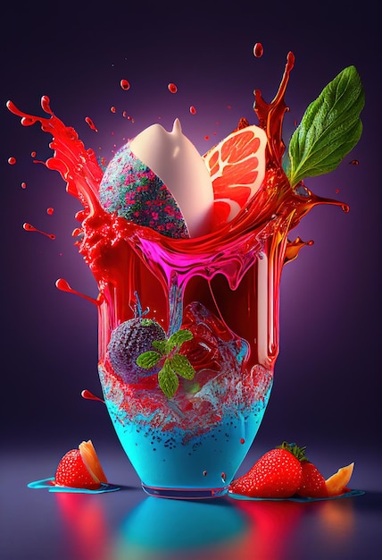 A colorful drink with a splash of liquid and a strawberry on the bottom.