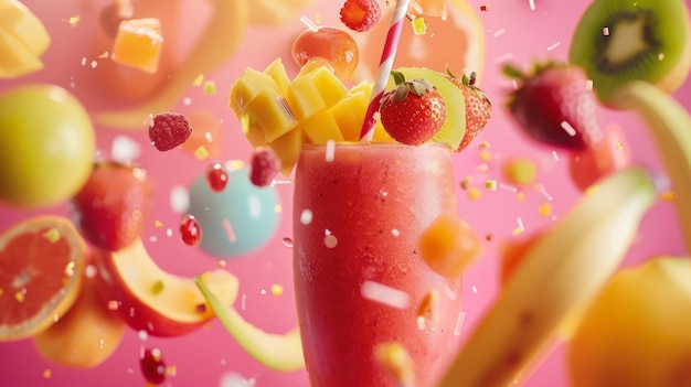 A colorful drink with a straw in it is surrounded by fruit