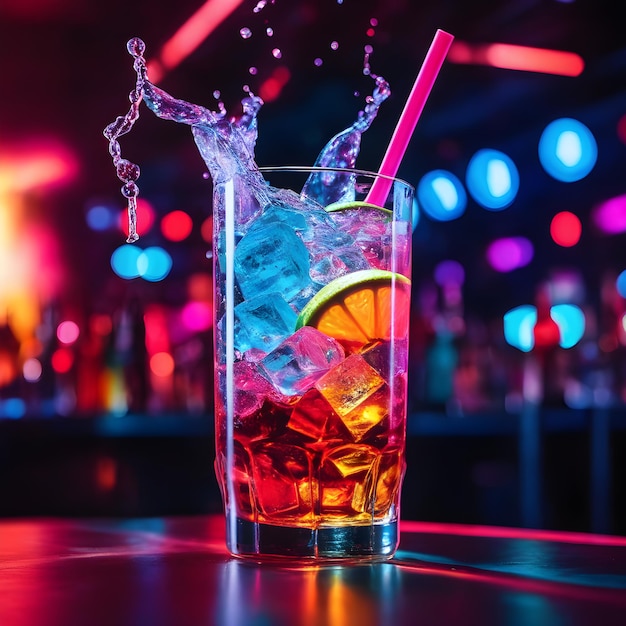 a colorful drink with a straw on a table and neon lights in the background