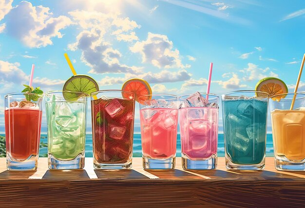 colorful drinks are lined up on the beach in the style of realistic blue skies