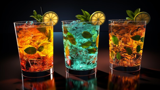 colorful drinks on a black table with orange slices and limes