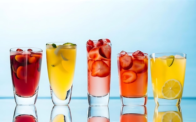 Colorful drinks in transparent glasses with shadows on a bright surface