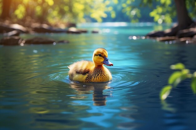 Colorful duckling swimming in bright blue water in a river between trees natural lighting natural shadows