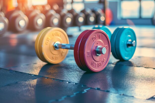 Photo colorful dumbbells on gym floor