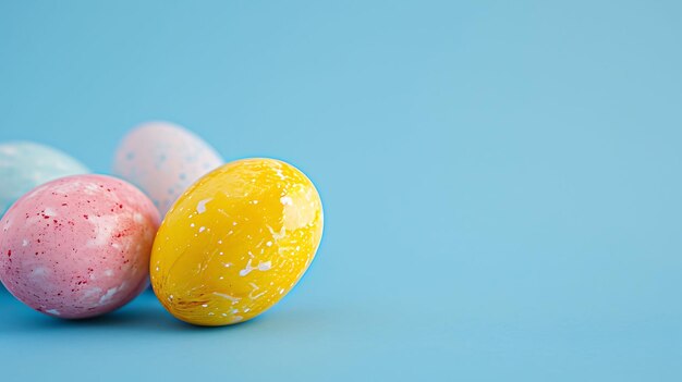 Colorful dyed easter eggs on blue background