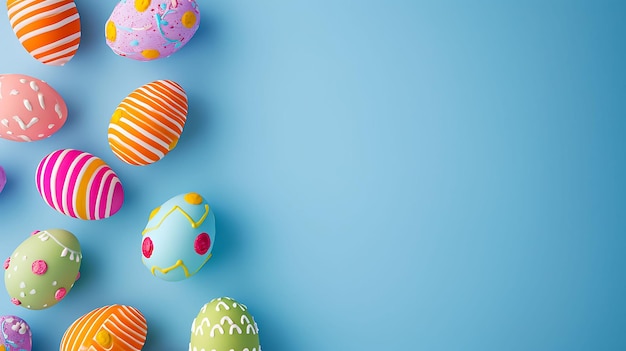 Colorful dyed easter eggs on blue background