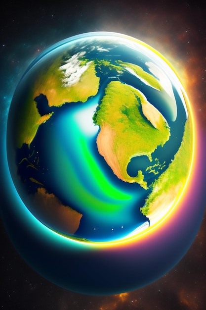 A colorful earth with a green and blue planet in the middle.