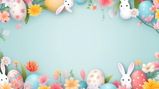 Colorful easter banner with easter eggs rabbits and flowers copy space happy easter space for text