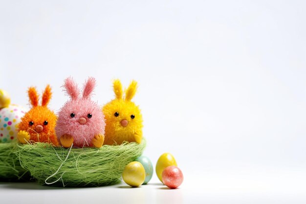 Colorful Easter bunnies and eggs in a nest on white background