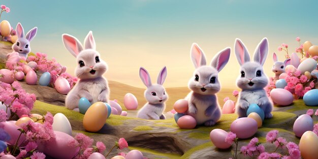 Colorful Easter bunnies in a wonderful fairy land