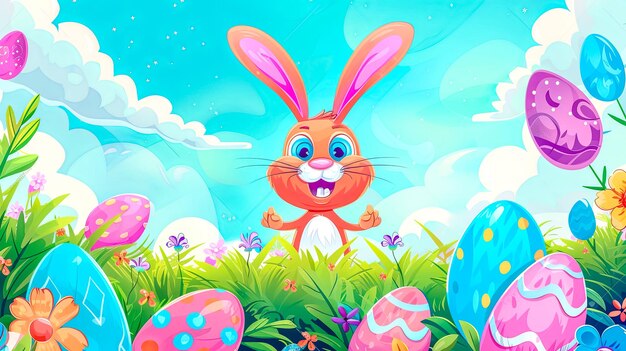 Photo colorful easter bunny and eggs in spring landscape