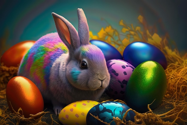 Красочный пасхальный кролик сидит среди разноцветных яиц.