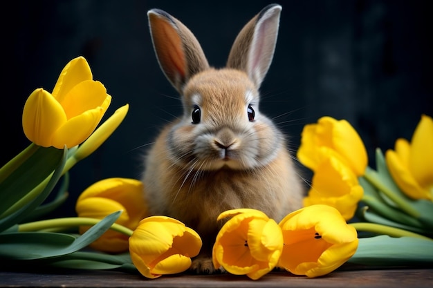 Красочный пасхальный кролик с желтыми тюльпанами и цветом нарцисса Генеративный ИИ