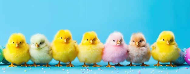 Photo colorful easter chicks lineup on pastel blue background