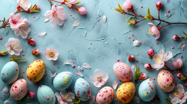 Colorful Easter chocolate eggs with cherry blossoms flat lay on blue background