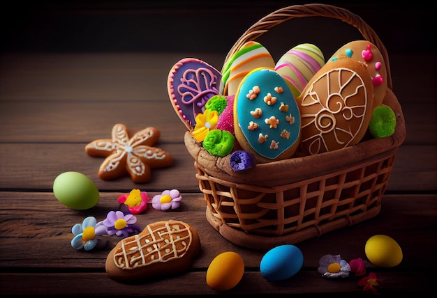 Colorful easter cookies in basket on wooden background AI Generated