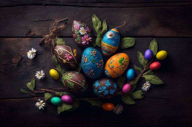 Colorful easter decarations on wooden plank photography