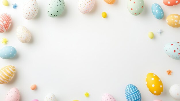 Colorful easter egg banner on white background with copy space top view for easter celebrations