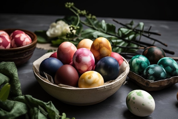 Colorful Easter egg basket with various patterns and designs created with Generative AI technology
