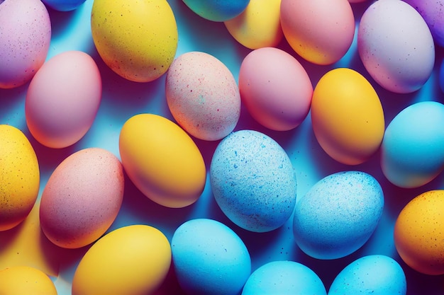 A colorful easter egg display with a bunch of eggs on a blue background